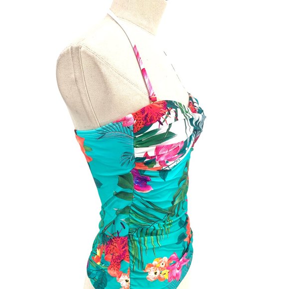 New LA BLANCA Tropicalia Floral TANKINI TOP Size 2 Bright Aqua Multi Tropical - Picture 2 of 7
